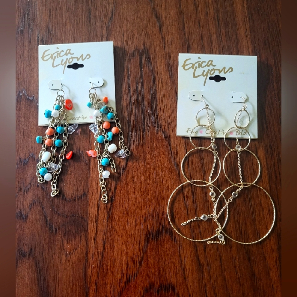 Erica Lyons Women's Golden Hoop And Colored Dangly Beaded Earrings New